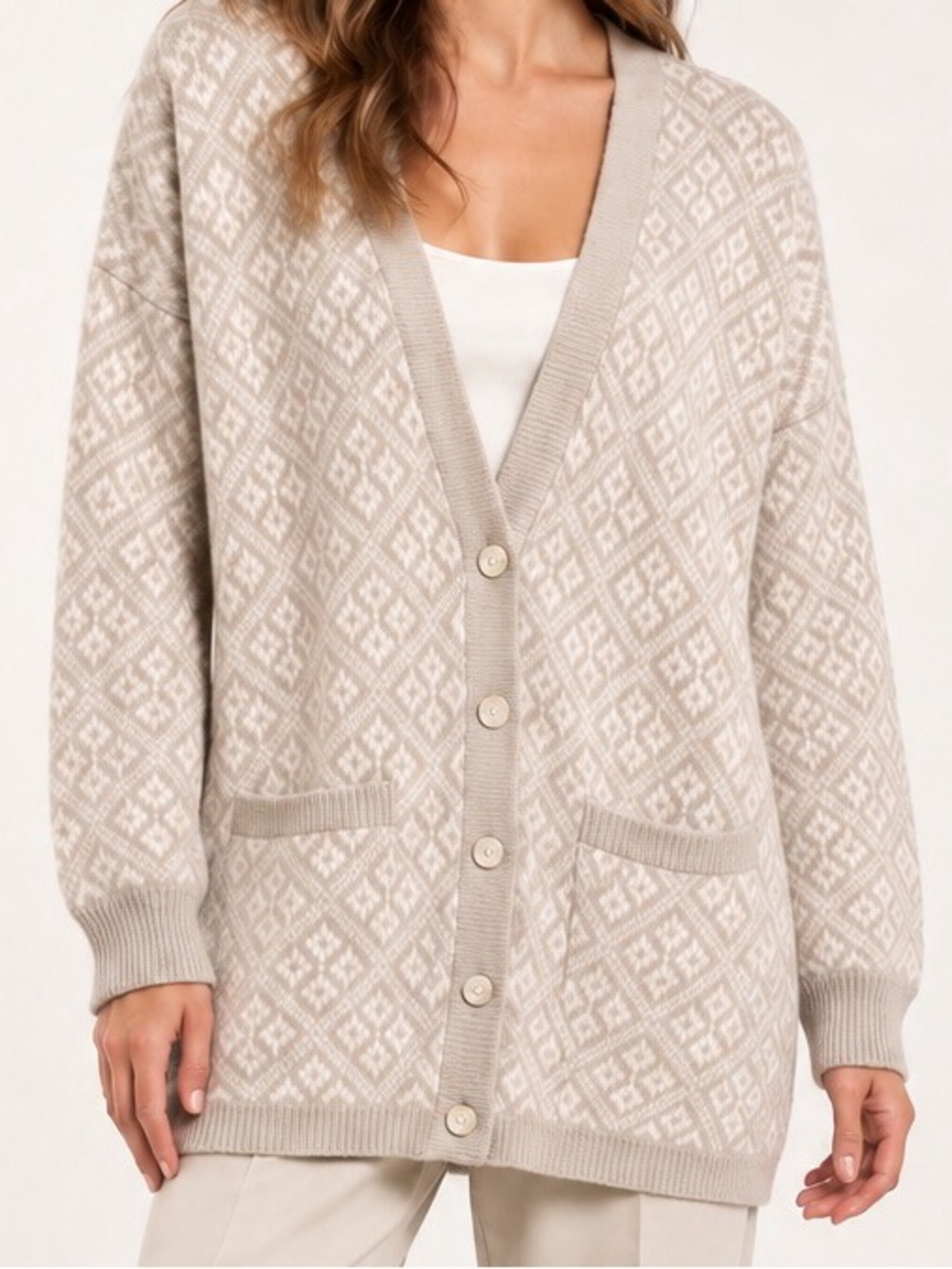Chelsea Young Silk Angora Blend Geometric Cardigan Ivory Beige Size S